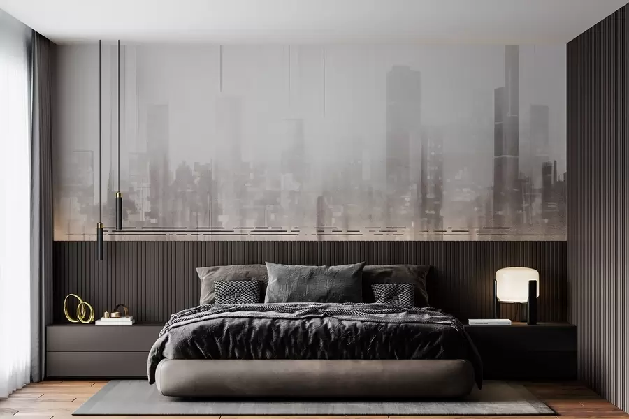 wall murals Abstract textured cityscape with tall buildings and strips, in shades of gray and white, creating a hazy effect w09119