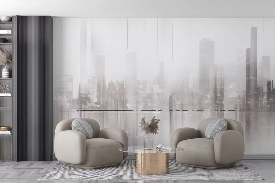 wall murals Abstract textured cityscape with tall buildings and strips, in shades of gray and white, creating a hazy effect w09119