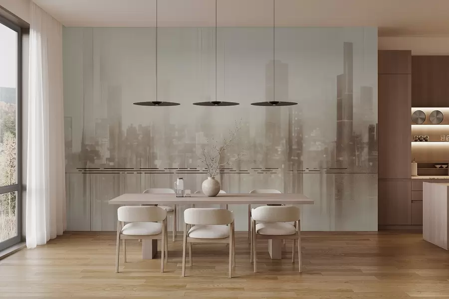 wall murals Abstract textured cityscape with tall buildings and strips, in shades of beige and white, creating a hazy effect w09119v1