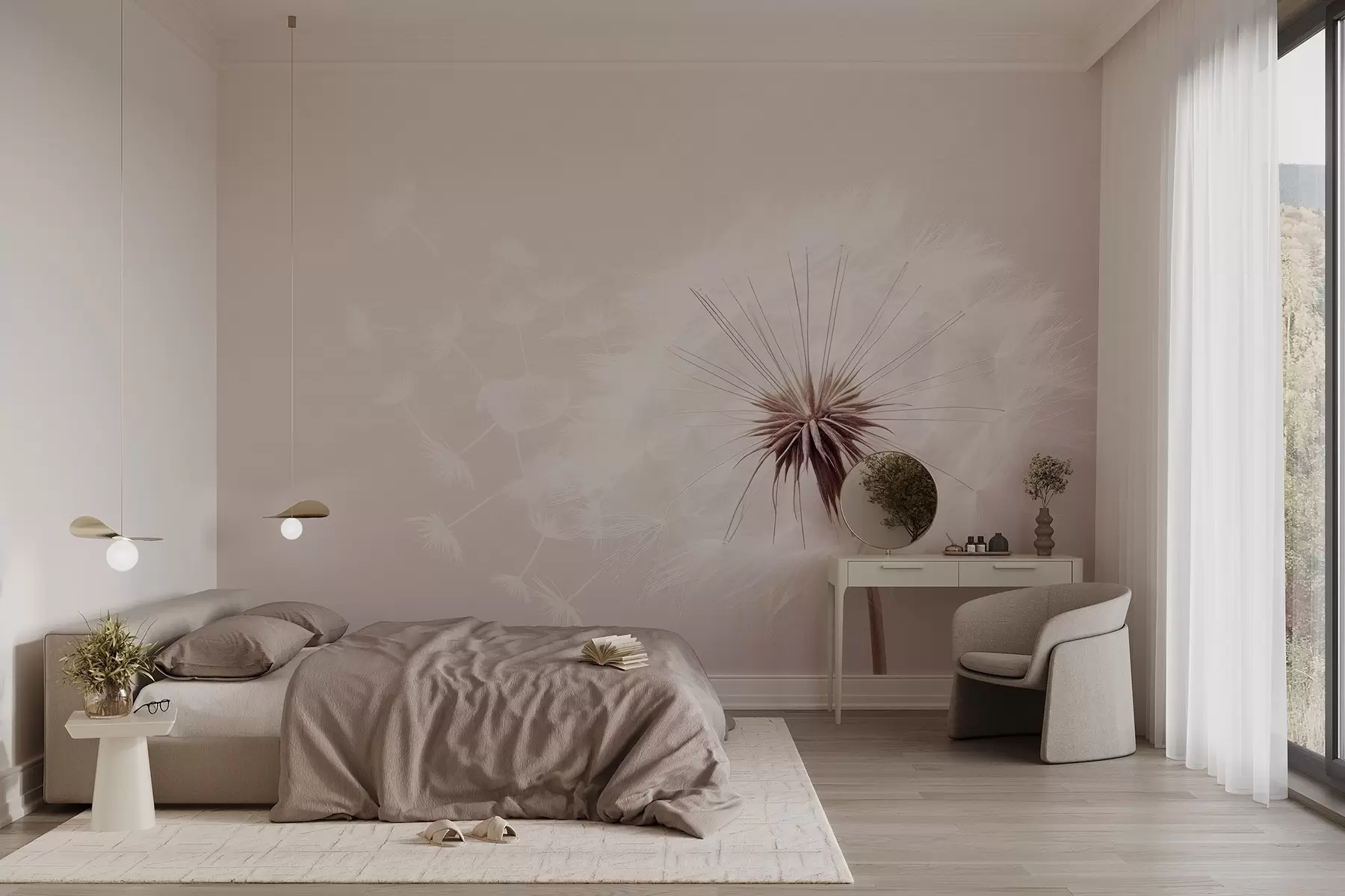 wall murals Modern soft floral composition with a fully bloomed dandelion head and floating seeds, set against a delicate textile-like texture w03939v2