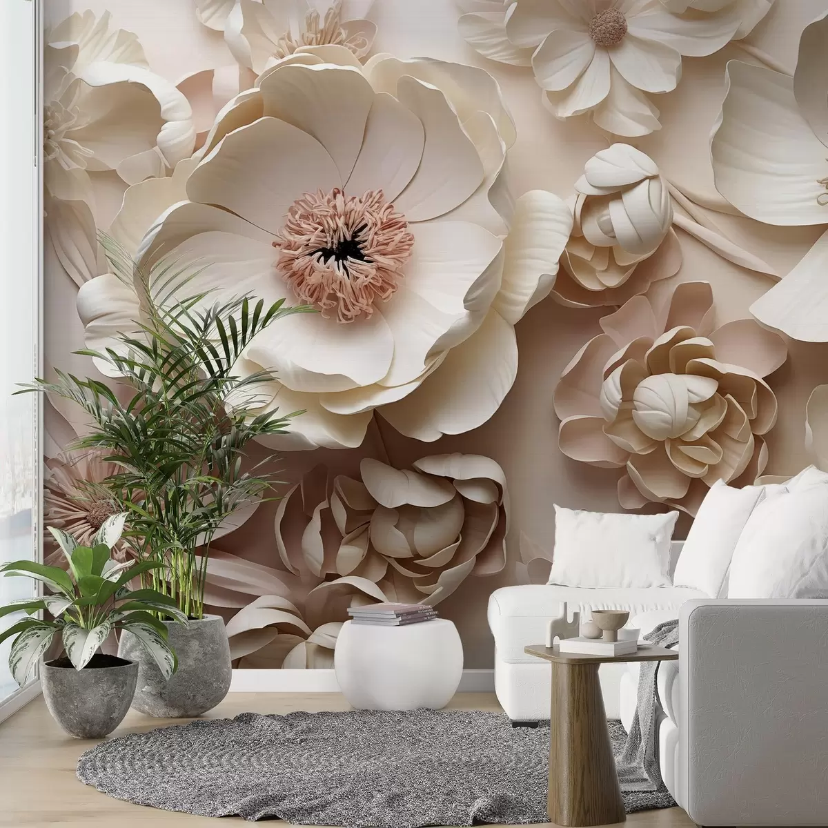 wall murals Volumetric floral composition with delicate paper-like or textile-inspired petals in ivory, vanilla, and blush tones, set against a warm beige canvas. w03945
