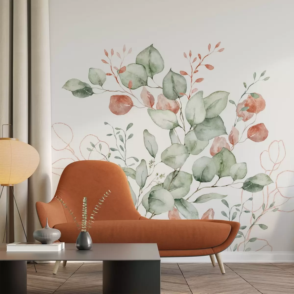 wall murals Vegetation and branches imitation of textured watercolor, shades of green and red w03927v1