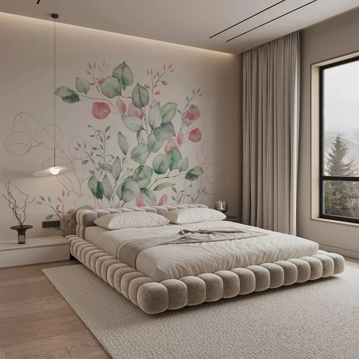 wall murals Vegetation and branches imitation of textured watercolor, shades of green and pink w03927v2