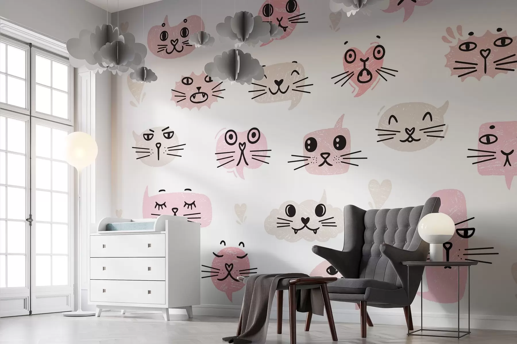 wall murals Cat faces shades of pink w03951v1