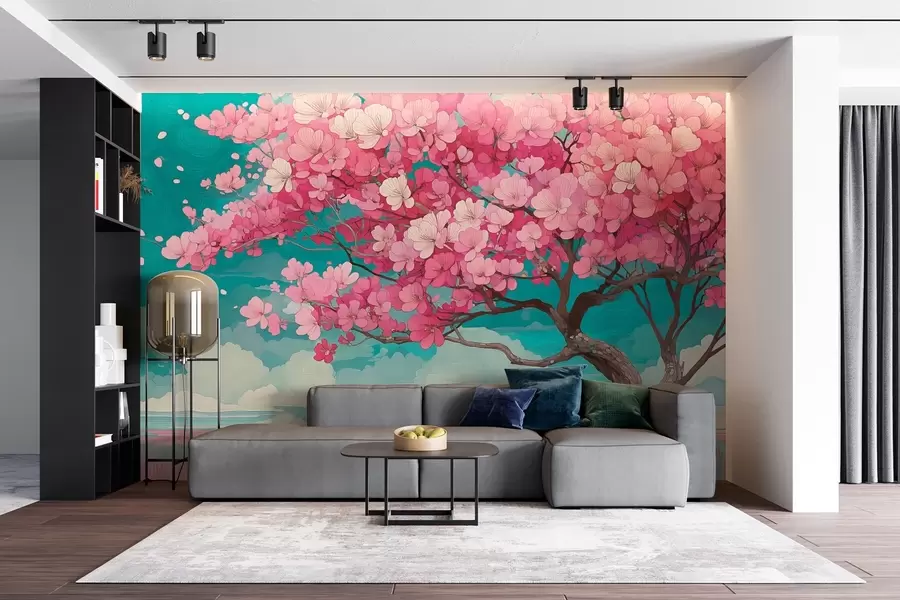 wall murals A pink cherry blossom tree with falling petals and a blue sky in a romantic style w09120