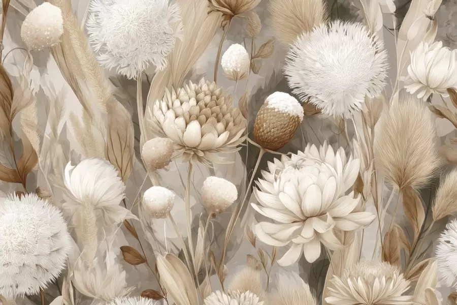 wall murals Boho Harmony: Textured flowers in beige and cream tones w09121