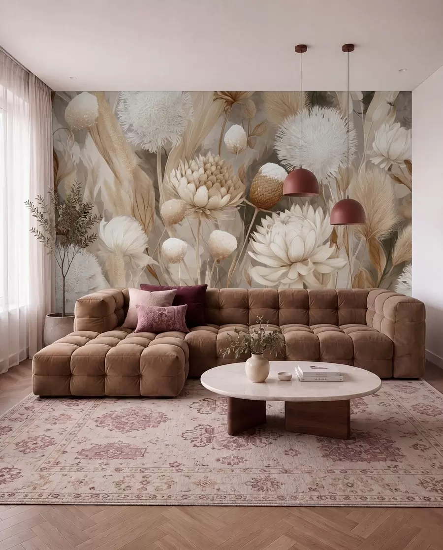 wall murals Boho Harmony: Textured flowers in beige and cream tones w09121
