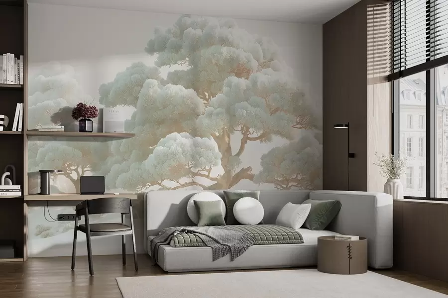 wall murals Pine trees in the mist in soft tones standing in a forest w09122