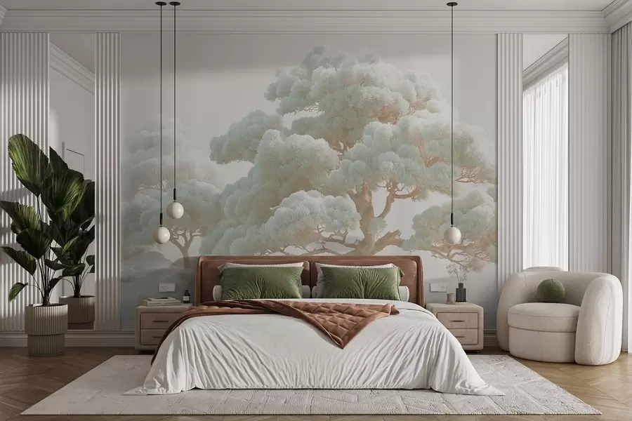 wall murals Pine trees in the mist in soft tones standing in a forest w09122