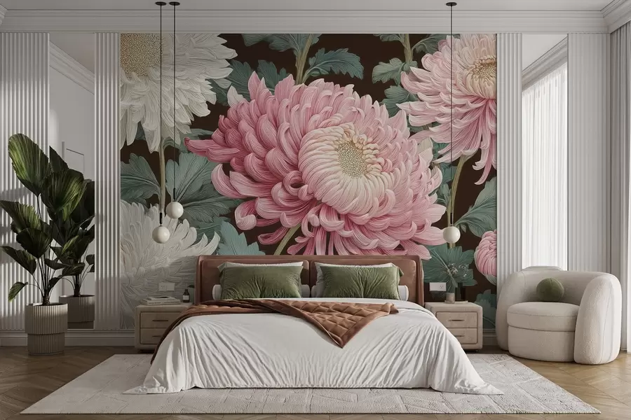 wall murals Pink and white large orchids with leaves on a dark background w09125
