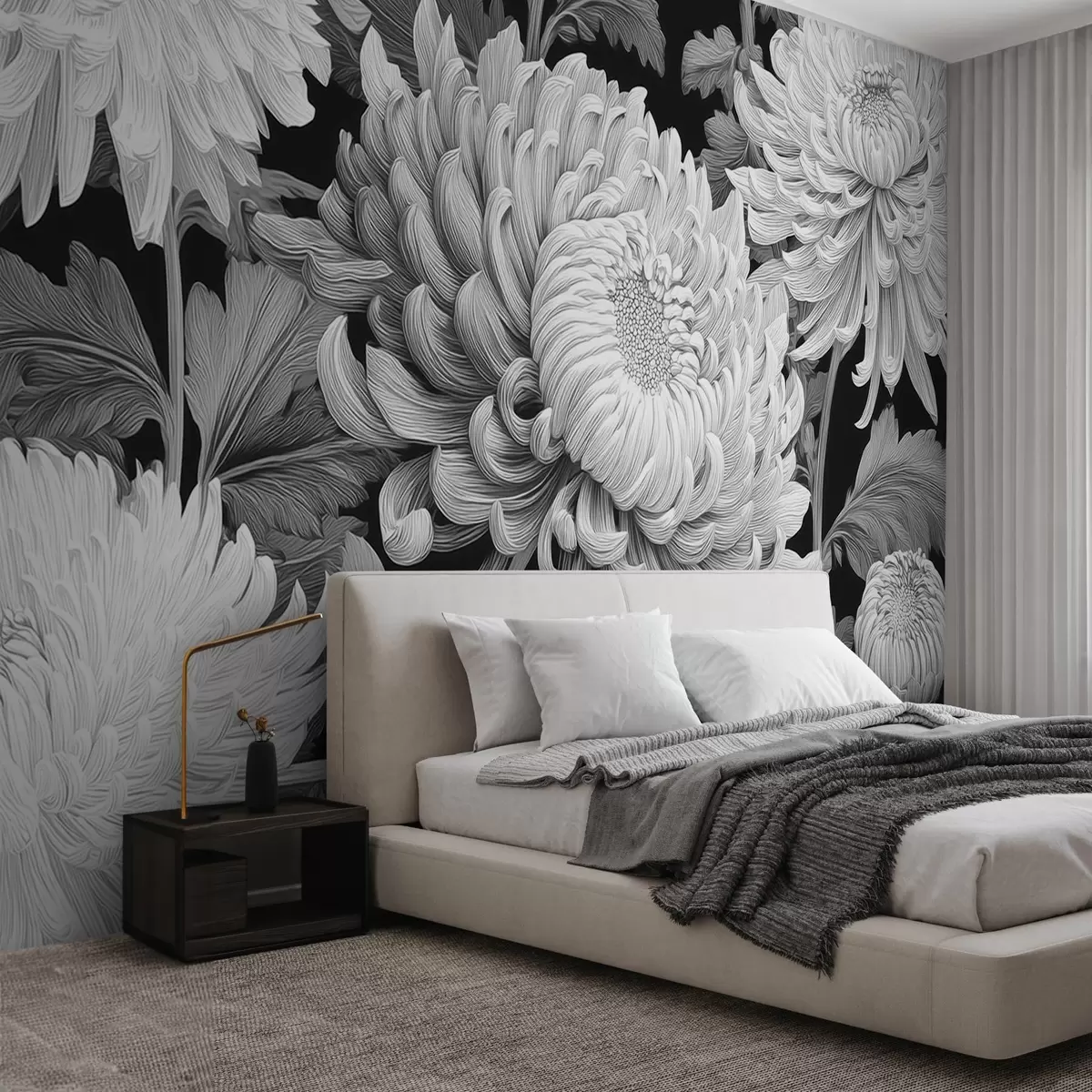wall murals Black and white large orchids with leaves w09125v1