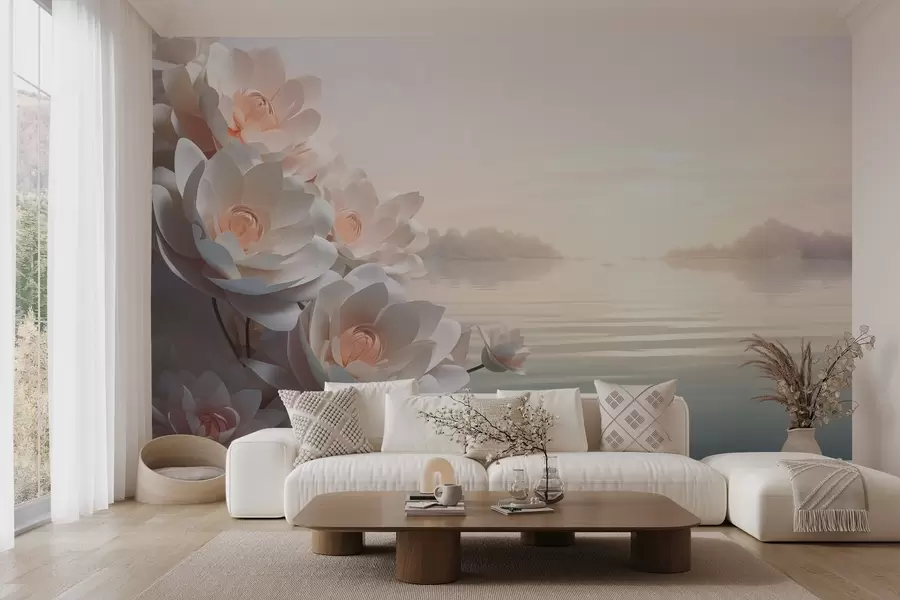 wall murals Pastel lotuses on the water under the evening sky w03988