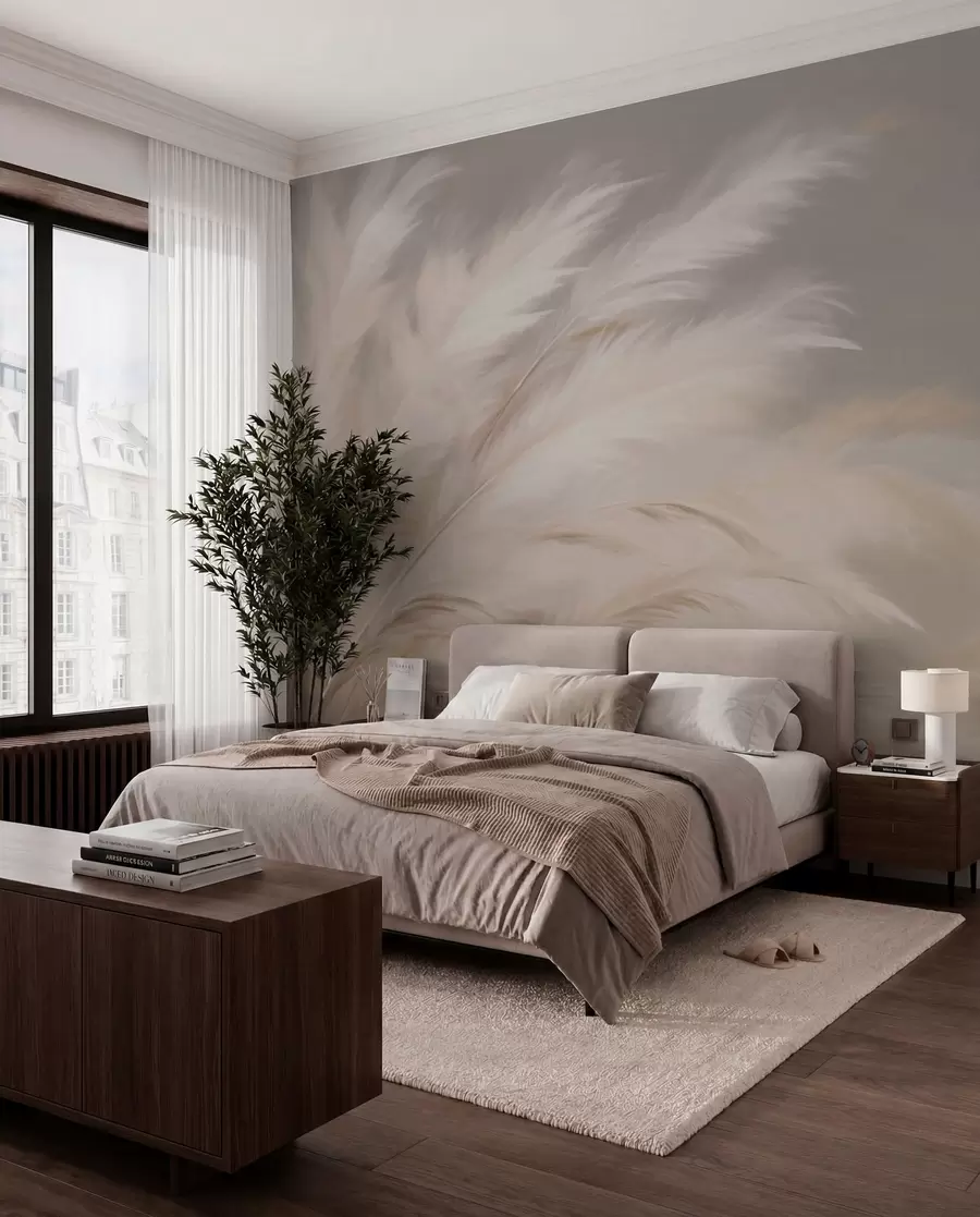wall murals Soft fluffy grasses in beige and grey w03992