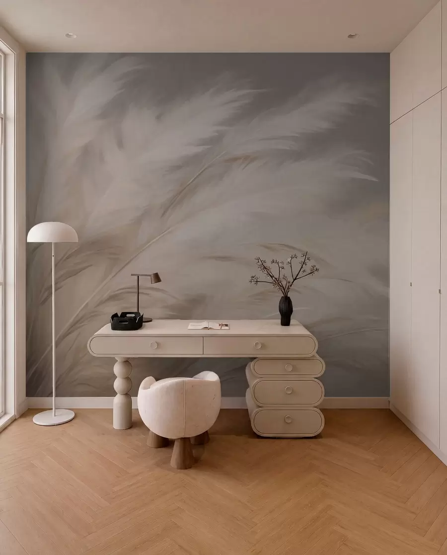 wall murals Soft fluffy grasses in beige and grey w03992