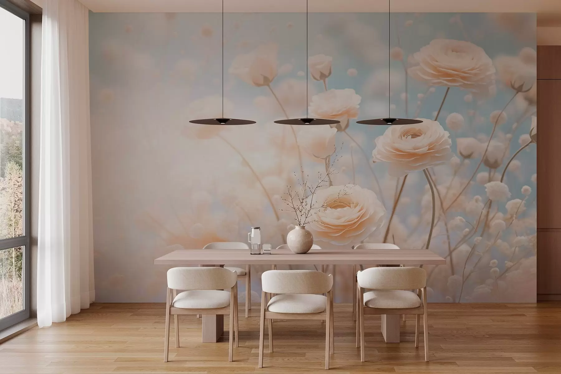 wall murals Delicate cream roses on a light blue background w03997