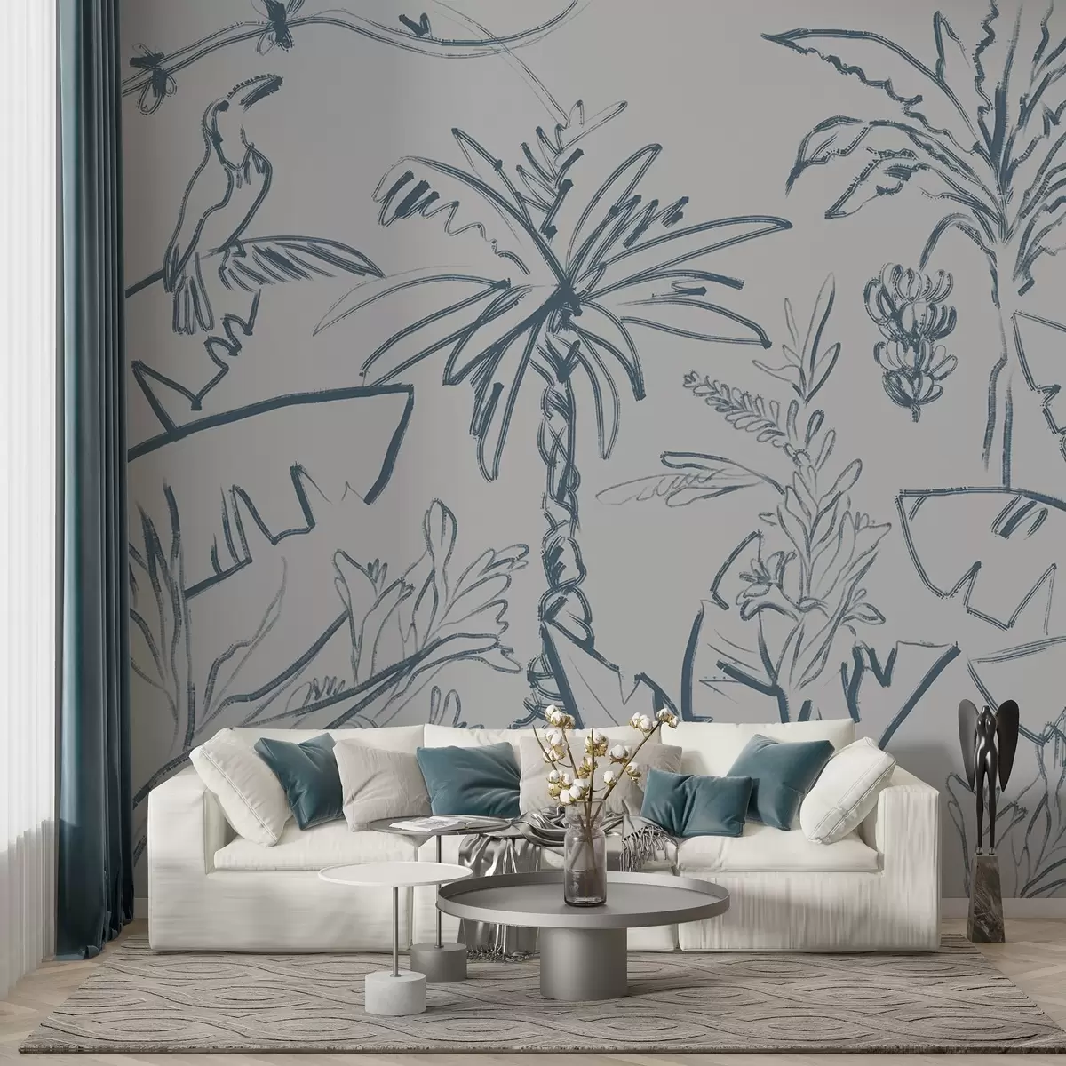 wall murals Tropical pattern in blue, bananas, palm trees w04020v1