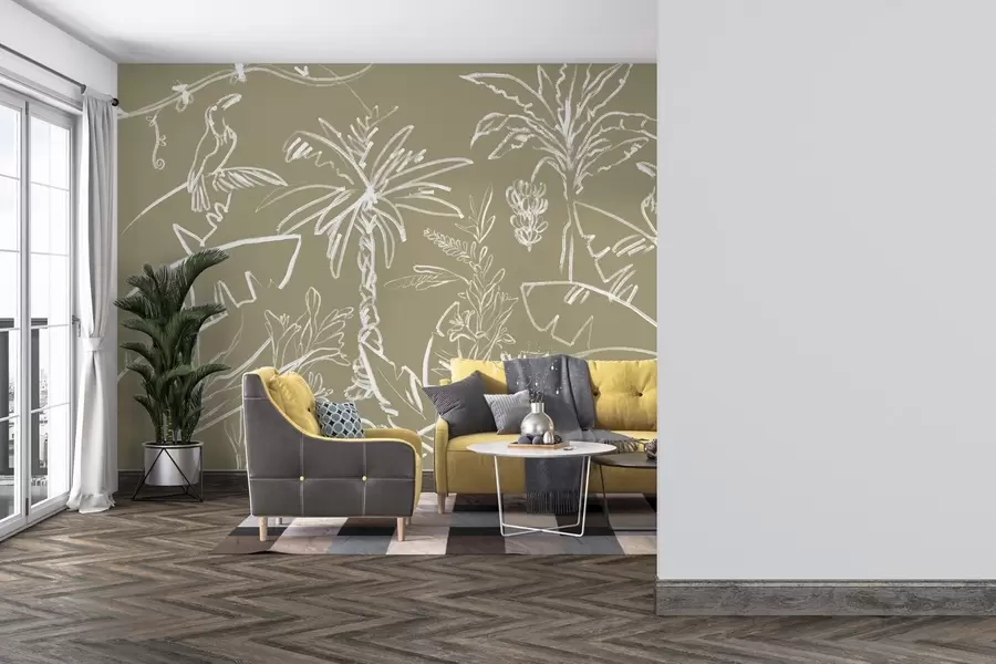wall murals Tropical pattern on olive brown background, palm trees, bananas w04020v3
