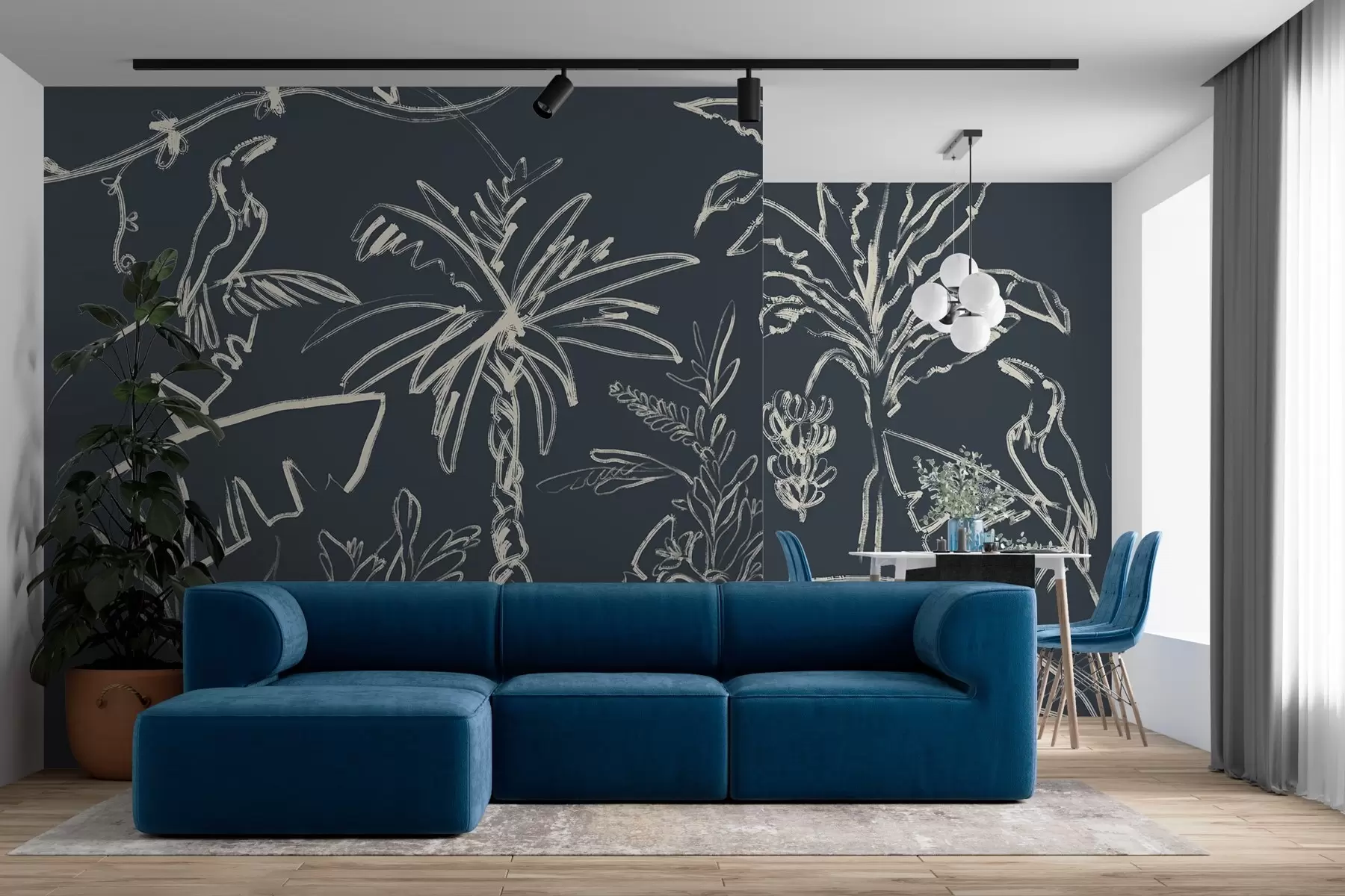 wall murals Tropical pattern on dark blue background, palm trees, bananas w04020v4