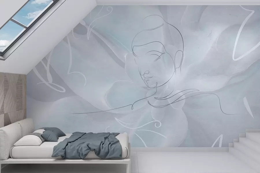 wall murals Floral abstraction with Buddha line drawing, blue colors w04004v1
