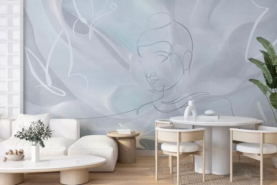 wall murals Floral abstraction with Buddha line drawing, blue colors w04004v1