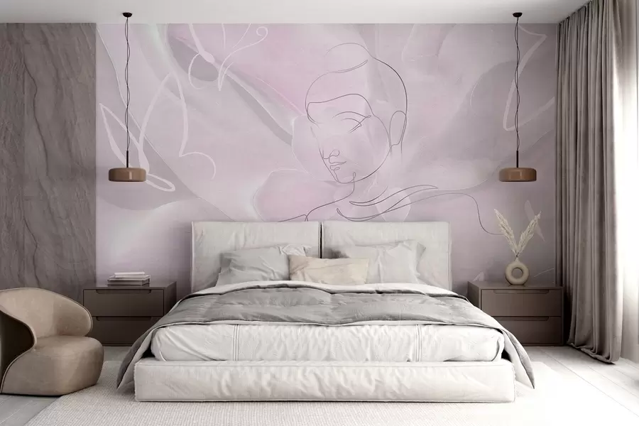 wall murals Floral abstraction with Buddha line drawing, pink colors w04004v2