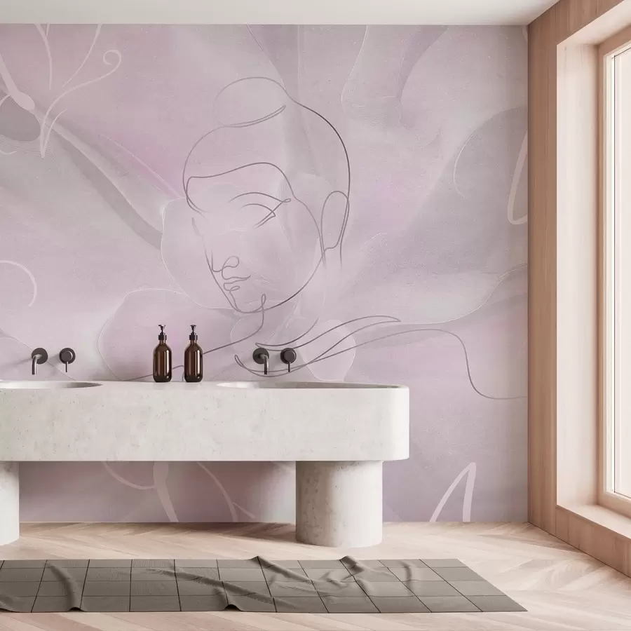 wall murals Floral abstraction with Buddha line drawing, pink colors w04004v2