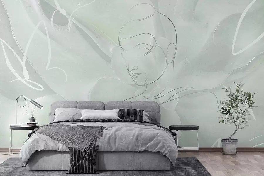 wall murals Floral abstraction with Buddha line drawing, green colors w04004v3