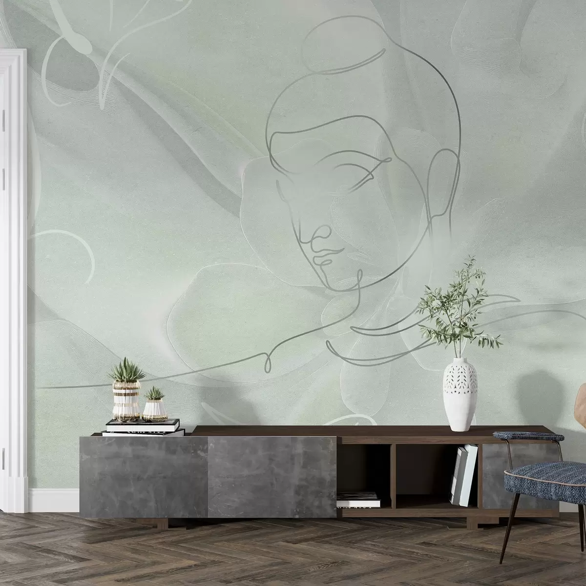 wall murals Floral abstraction with Buddha line drawing, green colors w04004v3