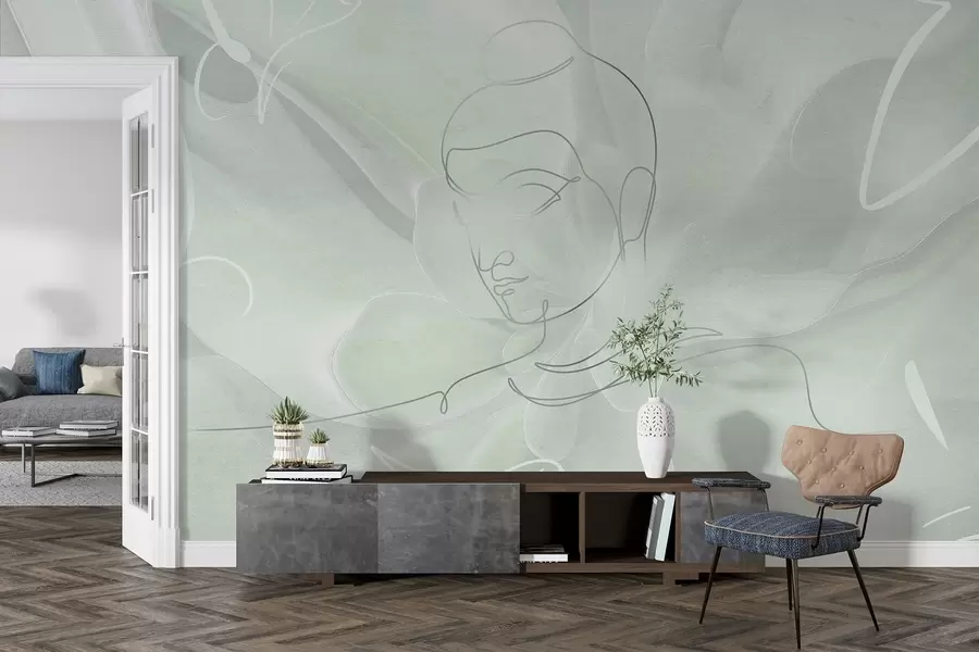 wall murals Floral abstraction with Buddha line drawing, green colors w04004v3