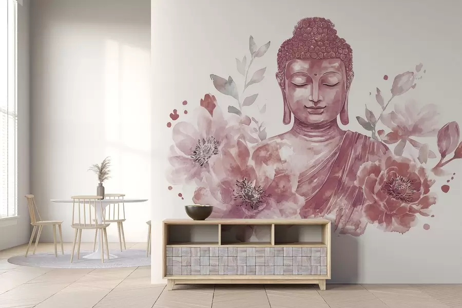 wall murals Watercolor Buddha with flowers, spiritual, burgundy color palette w04005v2