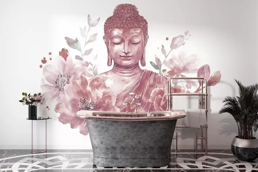 wall murals Watercolor Buddha with flowers, spiritual, burgundy color palette w04005v2