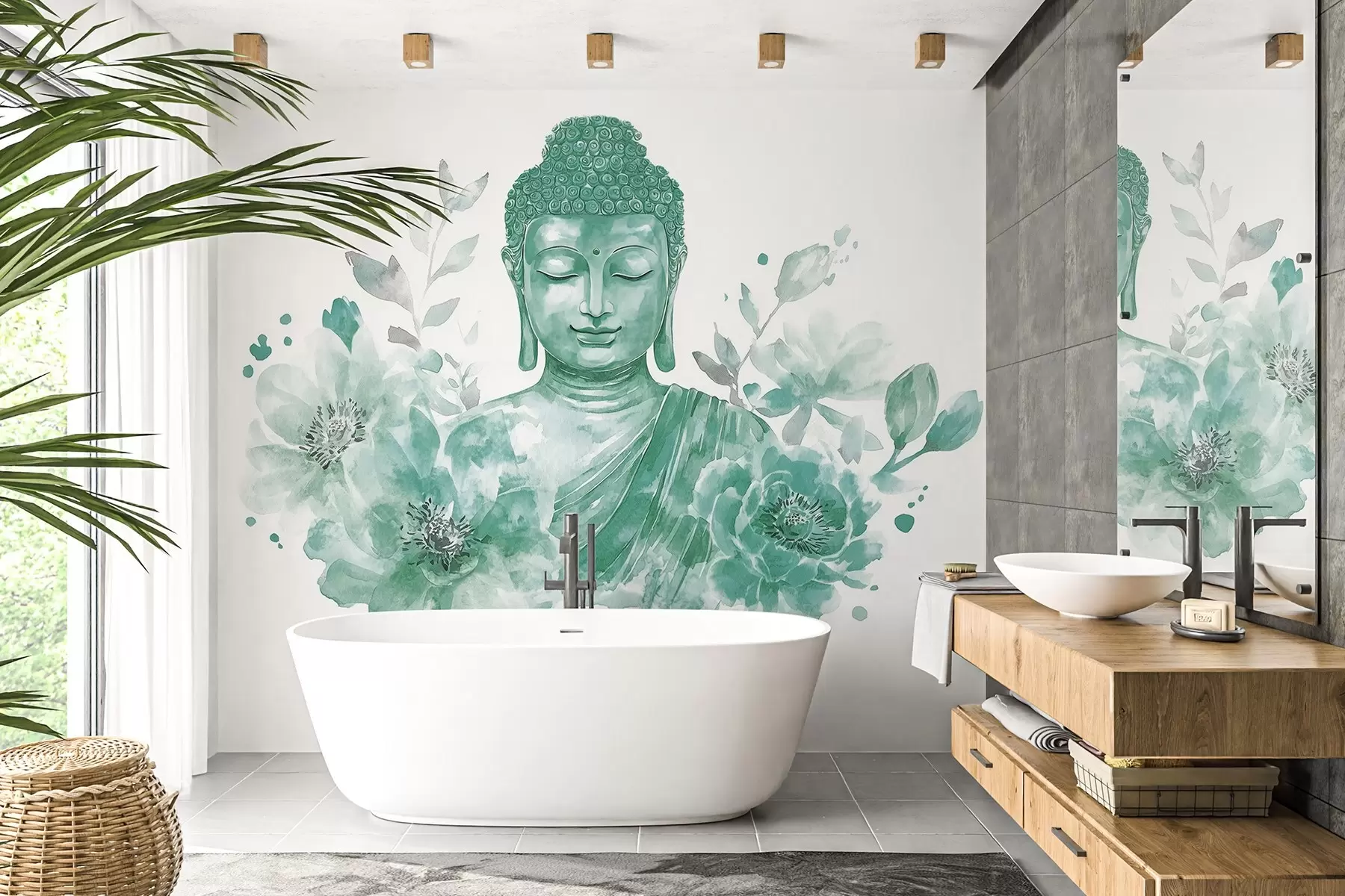 wall murals Watercolor Buddha with flowers, spiritual, green color palette w04005v3