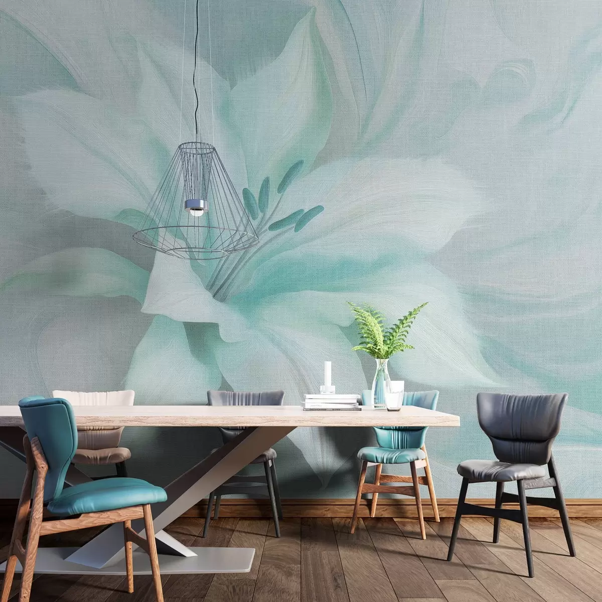 wall murals Lily flower fluid abstraction, floral, aquamarine colors w04006v3