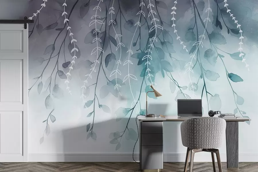 wall murals Branches with leaves in watercolor style, natural aquamarine colors w04007v3