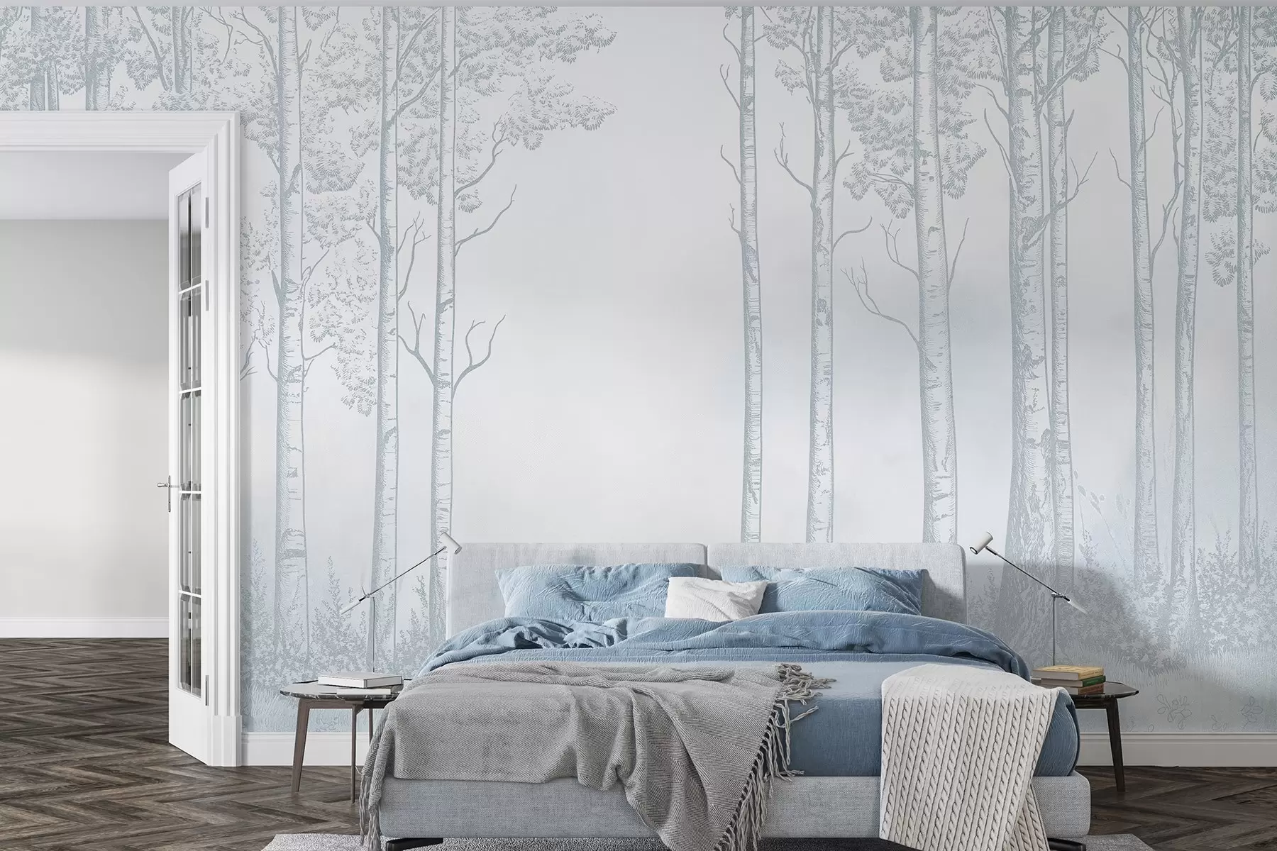 wall murals Forest with birch trees, minimalism, nature, blue color palette w04009
