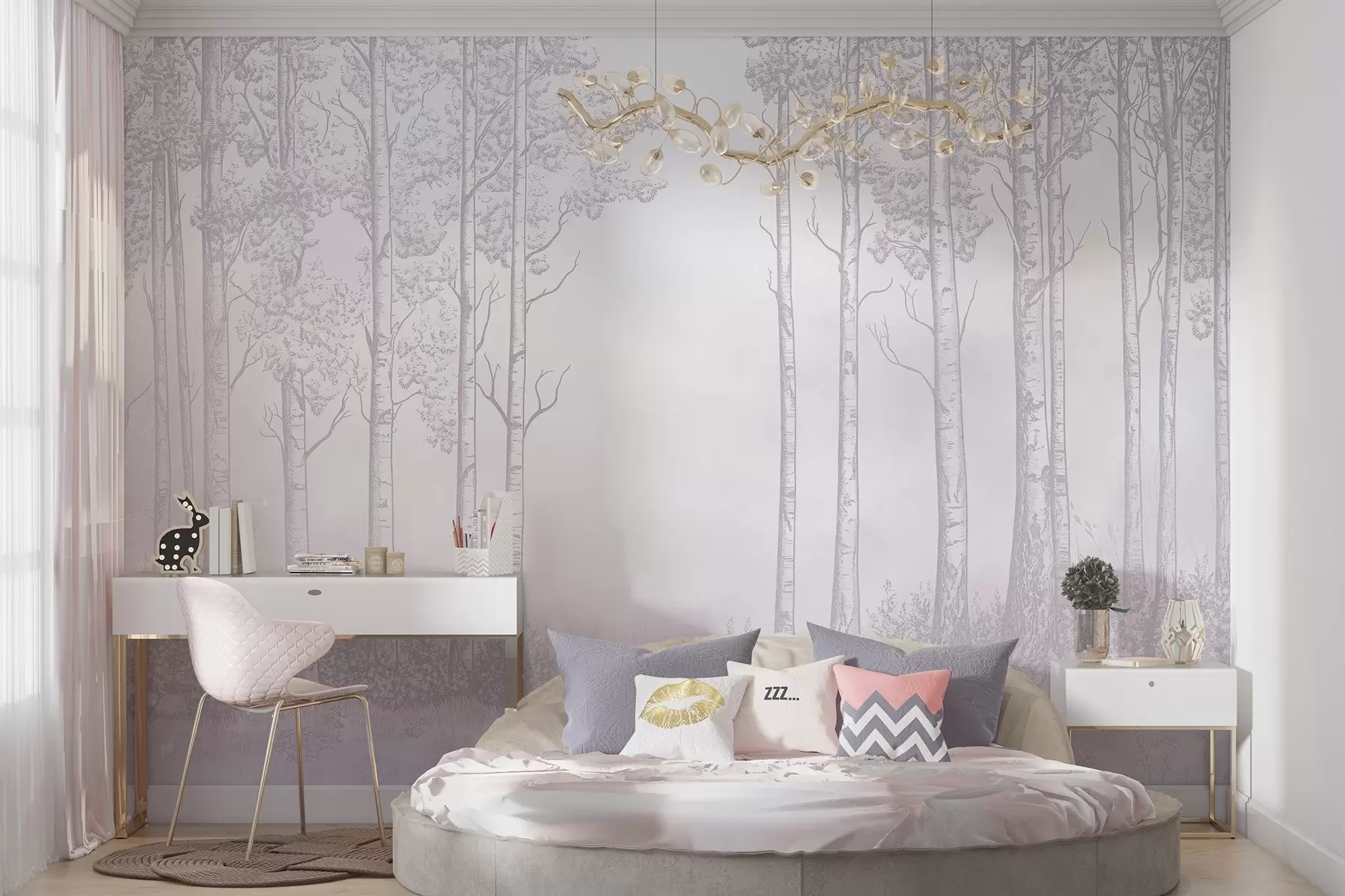 wall murals Forest with birch trees, minimalism, nature, pink color palette w04009v2