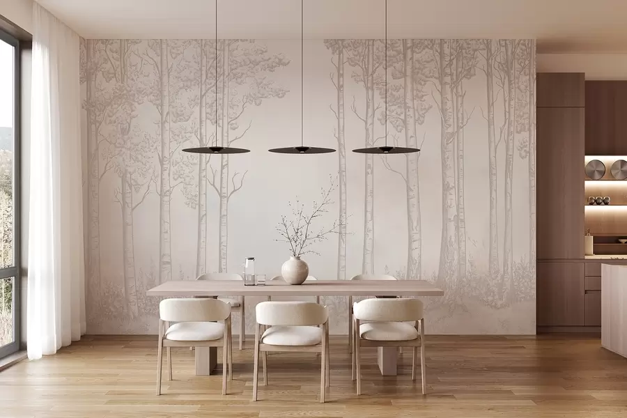 wall murals Forest with birch trees, minimalism, nature, beige color palette w04009v3
