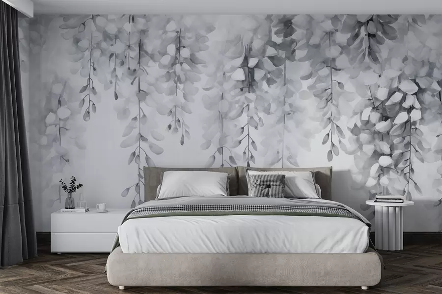 wall murals Monochrome watercolor with cascading wisteria in cool silver and white tones, evoking stillness and winter softness w04034v1