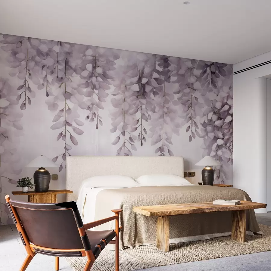 wall murals Watercolor scene with soft lilac wisteria cascading from above, evoking the calm and clarity of an early morning haze w04034v3