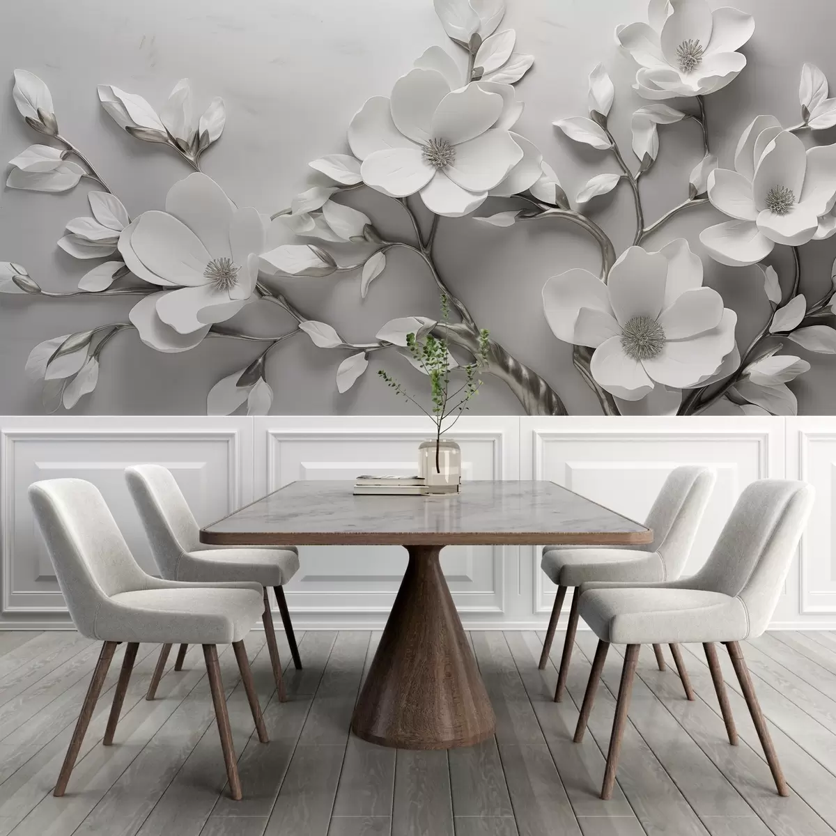 wall murals Dimensional floral branch in pure white and neutral tones w04039v2