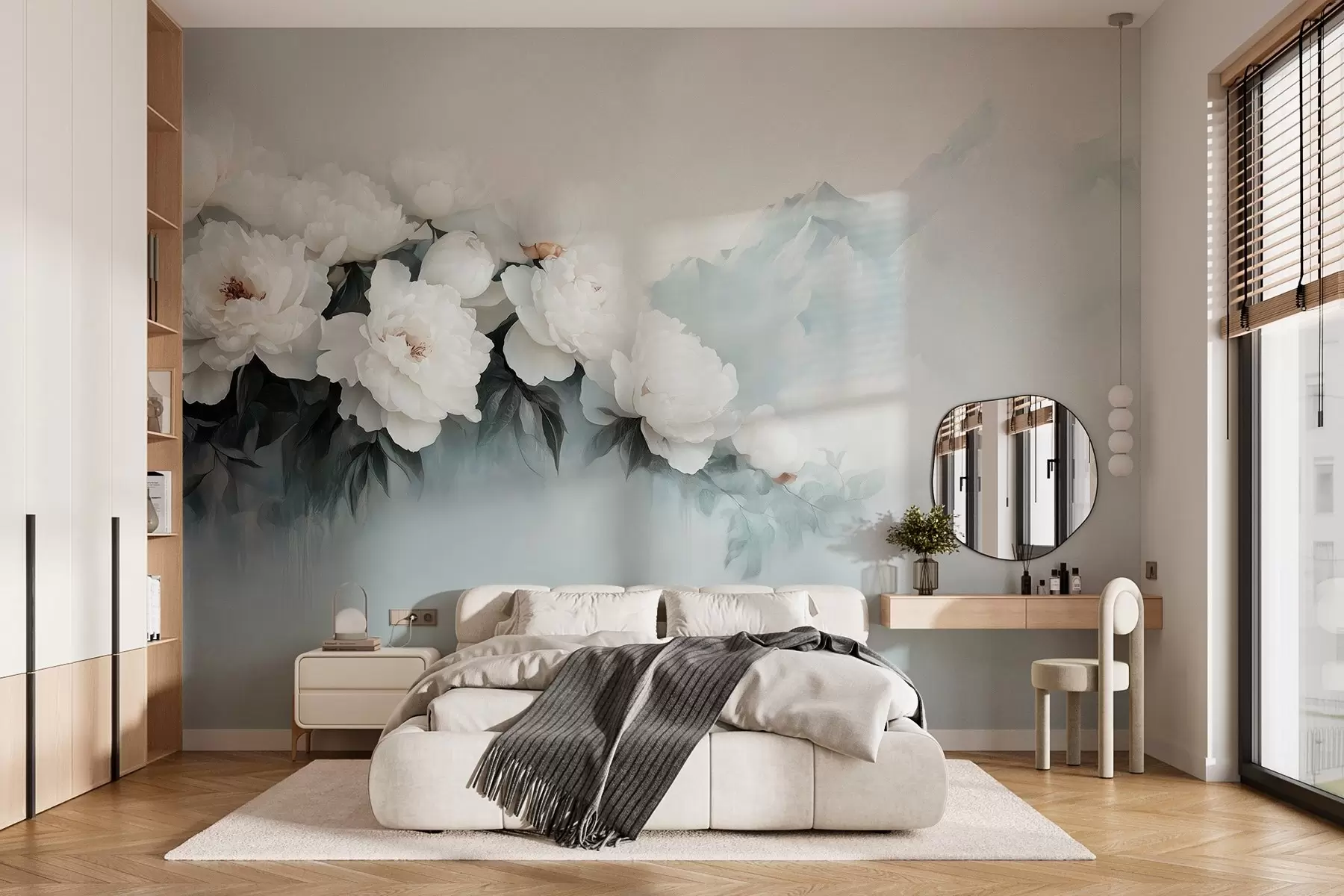 wall murals picturesque lush white peonies against the backdrop of foggy mountains w03965