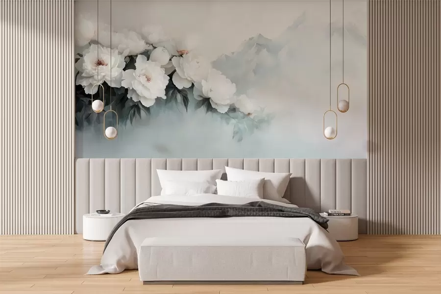 wall murals picturesque lush white peonies against the backdrop of foggy mountains w03965