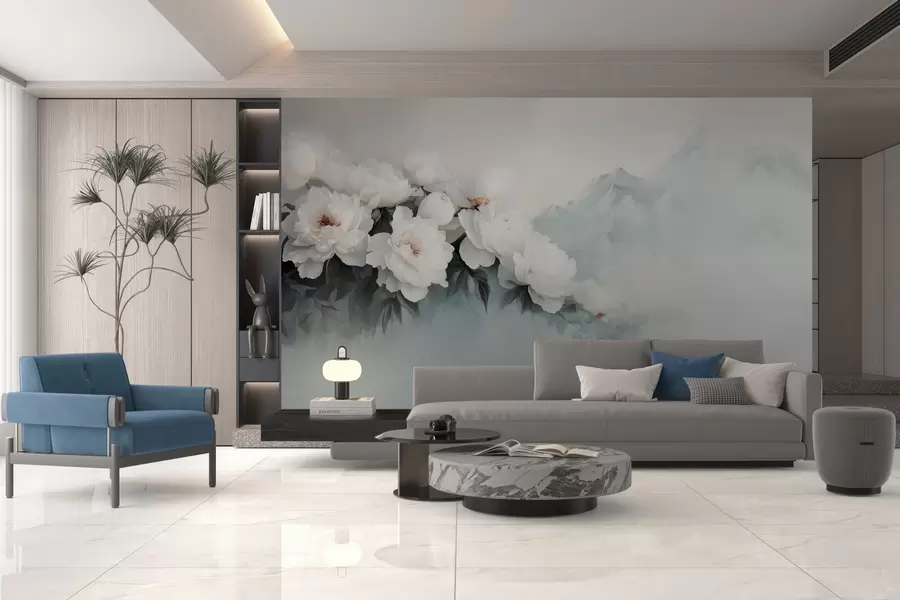 wall murals picturesque lush white peonies against the backdrop of foggy mountains w03965