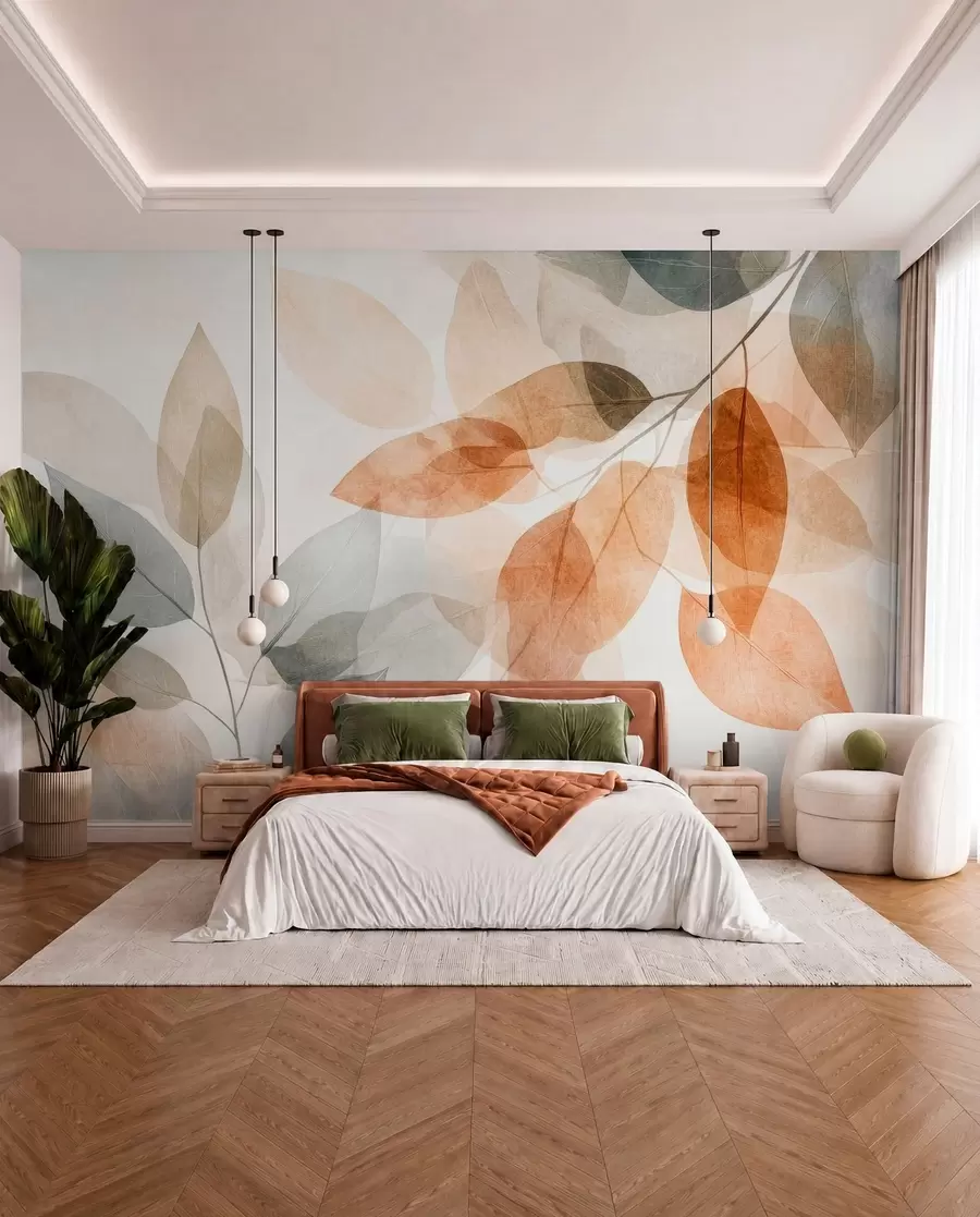 wall murals watercolor-style leaves in shades of sepia and gray w04024