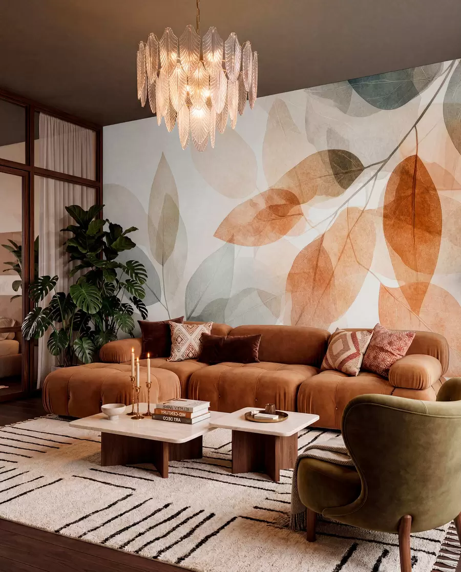 wall murals Leaves in Amber and Grey w04024