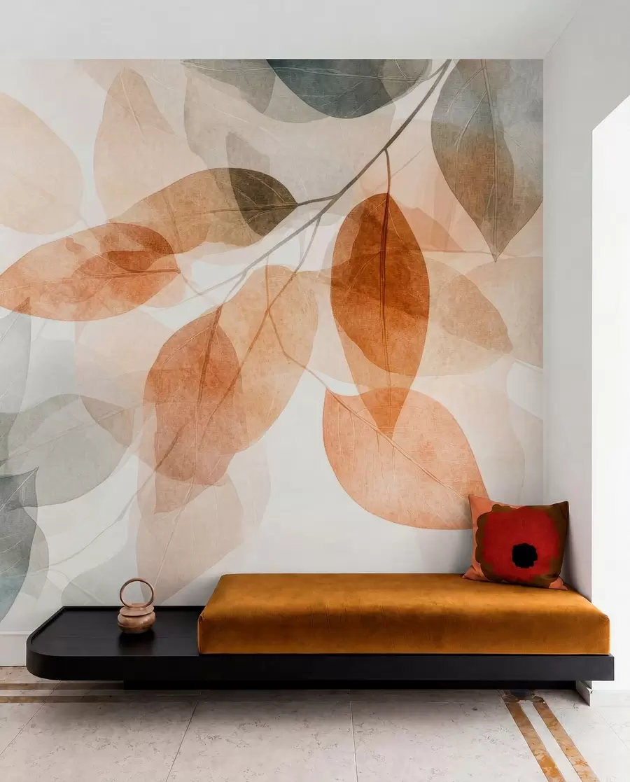 wall murals watercolor-style leaves in shades of sepia and gray w04024
