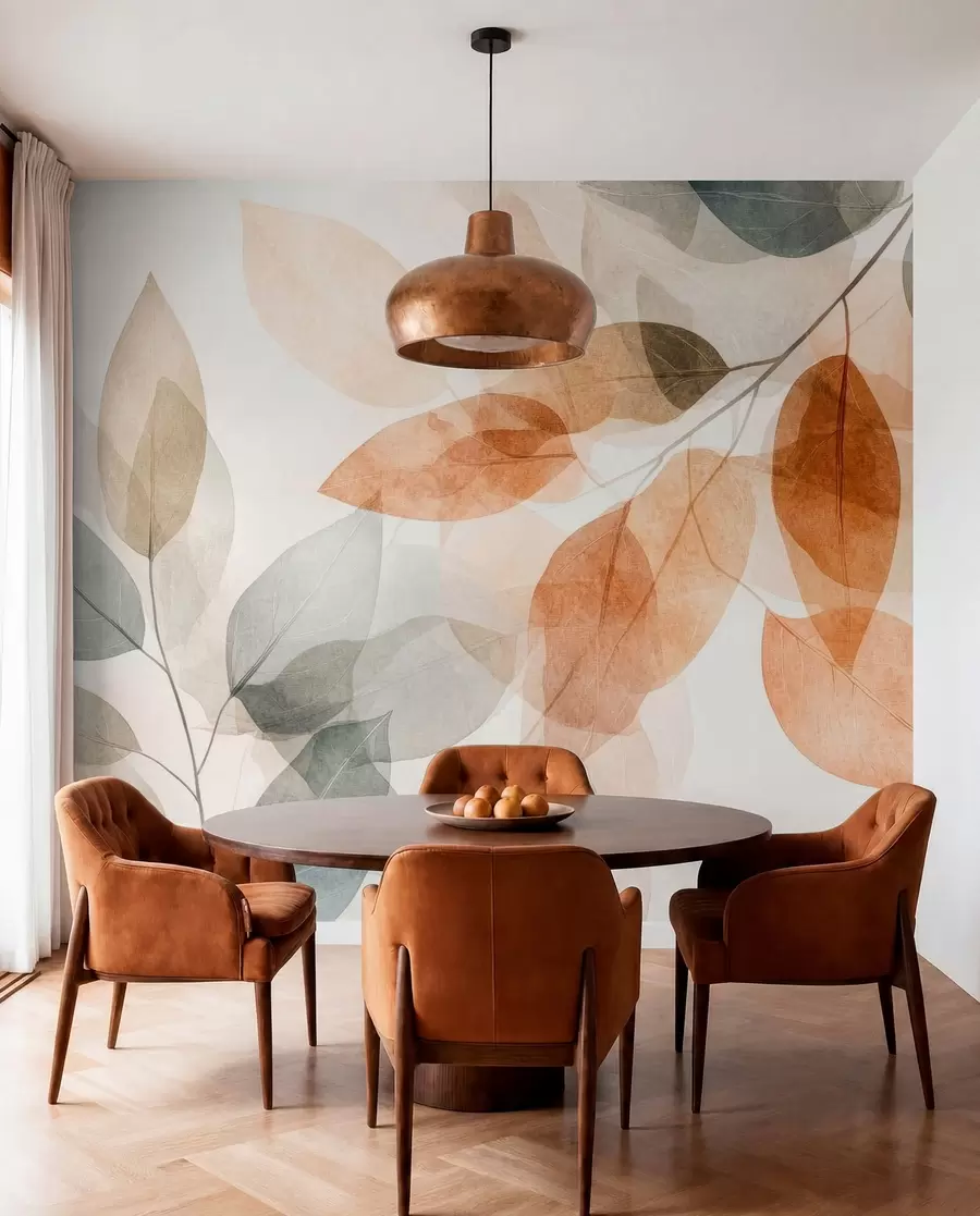 wall murals watercolor-style leaves in shades of sepia and gray w04024