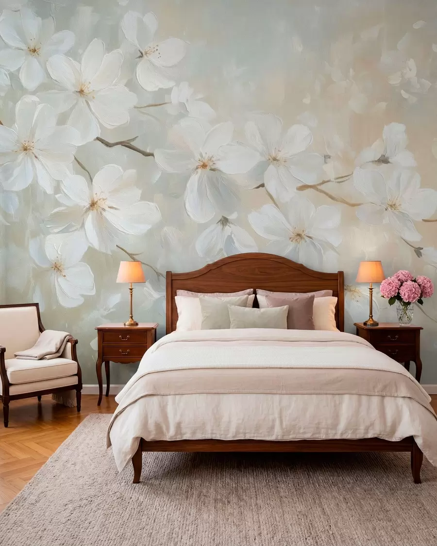 wall murals delicate blooming apricot branch in the style of oil painting in pastel colors w04029