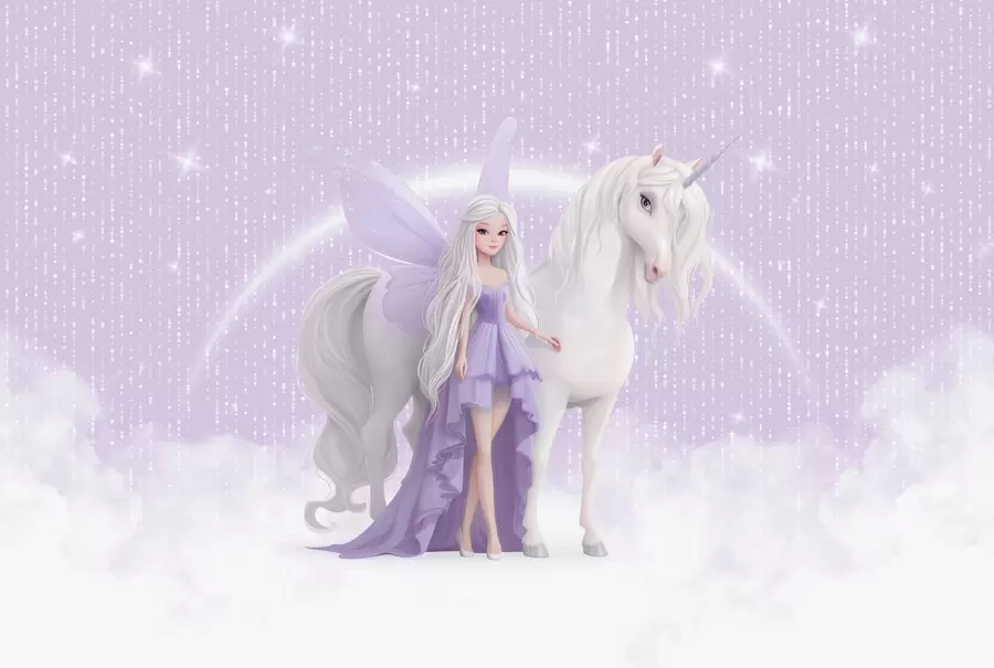 wall murals A fairy with a unicorn among the clouds w03527