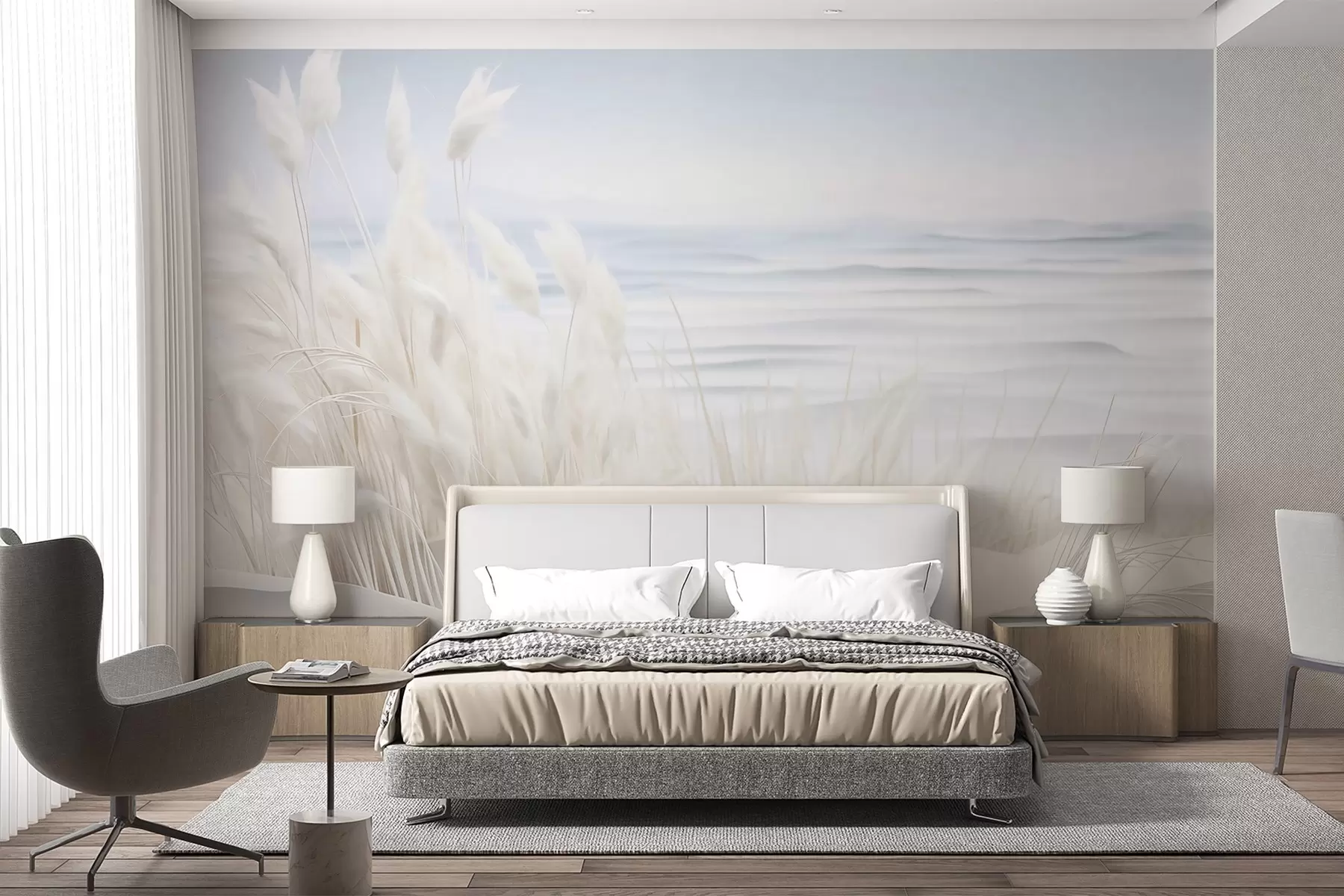 wall murals Landscape with white pampas grass on a sand dune, with a light blue ocean in the background, soft, minimalist style w09132